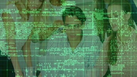 Green code overlay scrolling upward revealing coding team collaborating around Stock Footage 310971558