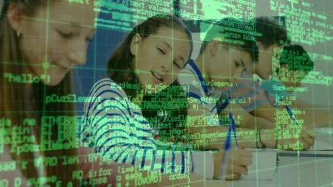 Green code overlay shifting across desk row, central girl lifting head, smiling, Stock Footage 331227319