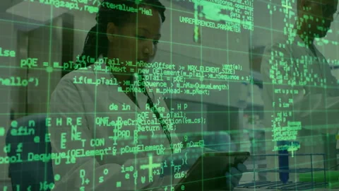 Green code overlay shifting revealing scientist tapping tablet handling test Stock Footage 311216447