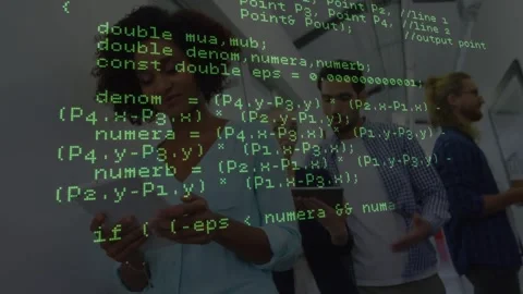 Green code overlay starting tech team walking reading tablet using phone tapping Stock Footage 319853410