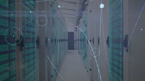 Green code projections activating floating nodes in server aisle, linking lines Stock Footage 314744762