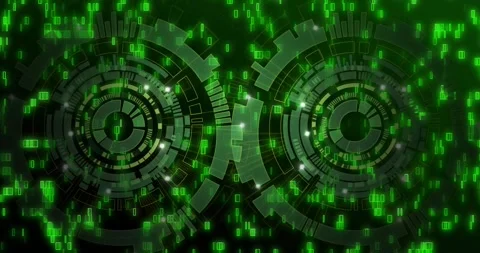 Green code rain starting, dual concentric HUDs rotating, pulsing, aligning, Stock-Footage 328656869