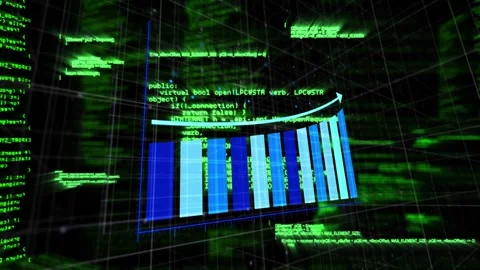 Green code scrolling initiating 3D blue bars emerging, arrow rising, frame Stock Footage 333904412