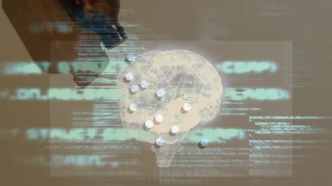 Green code scrolling, projected brain with pills shifting as bottle tipping, Stock Footage 335651780