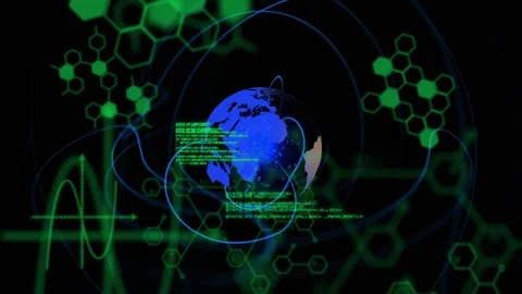 Green code shifting causing orbital lines sweeping globe rotating revealing data Stock Footage 330676335