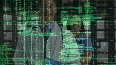 Green code shifting, uncovering physician holding blue folder and nurse smiling Vidéo 320128534