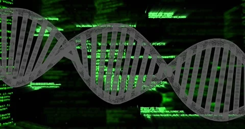 Green code speeding causing gray helix shifting, tilting, entering white square, Stockbeeldmateriaal 329454385