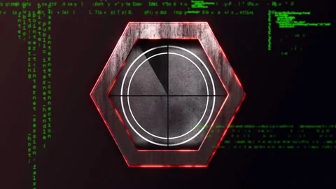 Green code starting, metal hex staying centered while overlays scrolling, rings Stock Footage 328446374