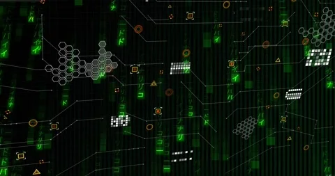 Green code streaming over circuit lines with markers creating hexagon clusters Stock Footage 319800865