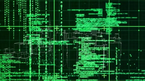 Green code streams materializing and scrolling driving cityscape panning and Stock Footage 330732893