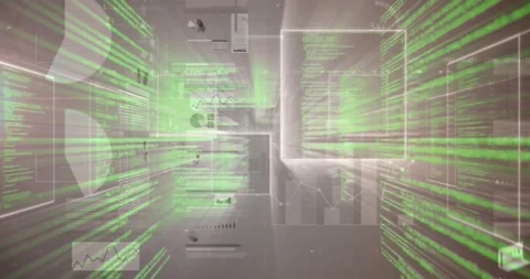 Green code surging sparking central data tunnel moving to viewer, panels showing Stock Footage 321783231