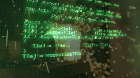 Green code text floating over metal workshop in 3D render showing flying sparks Stock Footage 308100805
