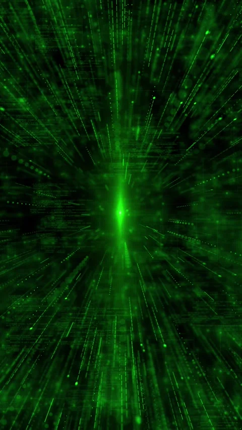 Green code tunnel background glowing matrix lines, fast data particles, and dark Stock Footage 340549558