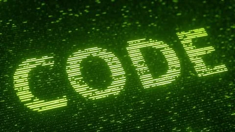 Green CODE word made with flying luminescent particles. Information technology 库存插图