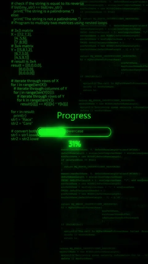 Green coding progress bar programming text, glowing loading status, and dark sof Stock Footage 340571694