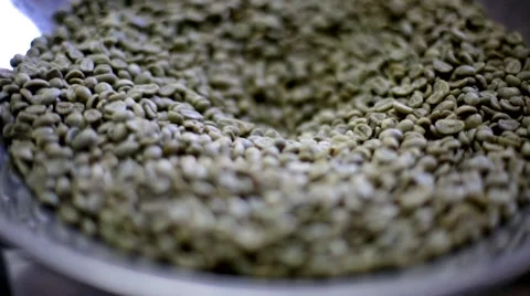 Green coffee beans are poured into a roasting pan Stock Footage 66463387