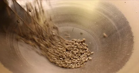 Green coffee beans pouring into hopper of roaster to begin process of Stock-Footage 150329902
