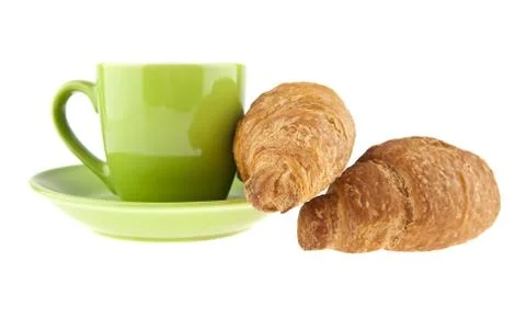 Green coffee Cup and croissant Stock Photos