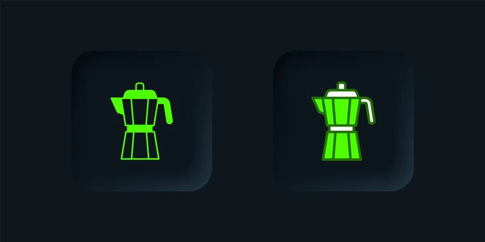 Green Coffee maker moca pot icon isolated on black background. Black square.. Stock Illustration