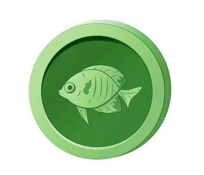 Green coin with the image of a fish. Vector illustration for game design Illustrazione stock