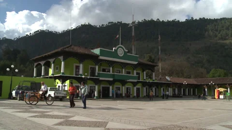 Green colonial building with public square Stock Footage 39360542