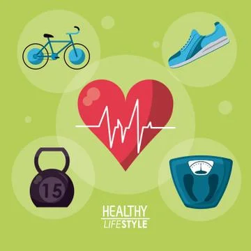Green color background with bubbles and elements sport healthy lifestyle inside Illustrazione stock