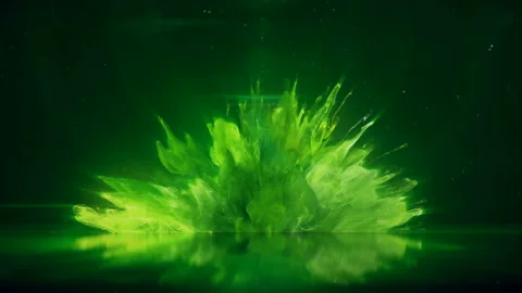 Green Color Burst colorful smoke explosion fluid particles reflection background Stock Footage