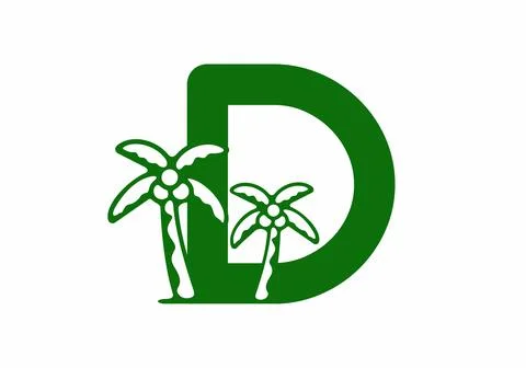 Green color of D initial letter with coconut tree Stock Illustration