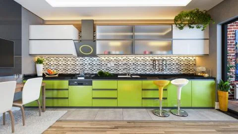 Green color kitchen design decor idea Stock Illustration