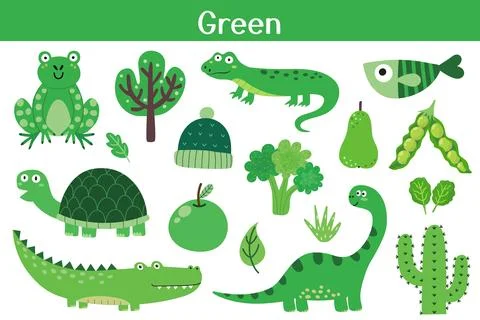 Green color objects set. Learning colors for kids. Cute elements collection Stock Illustration