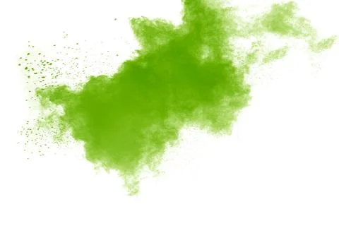 Green color powder explosion cloud on white background. Green dust splash. Stock Photos