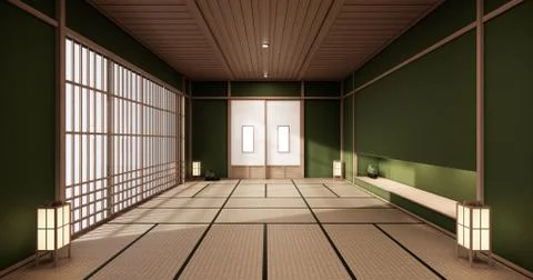 Green color room design interior with door paper and cabinet shelf wall on ta Stock Illustration