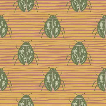 Green colored bugs elements seamless pattern. Doodle exotic shapes on orange  Stock Illustration