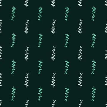 Green colored eucalyptus branches elements seamless pattern in doodle style.  イラスト素材