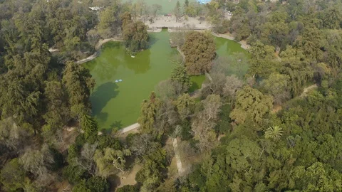 Green Colored Lake in Chapultepec Park Mexico City. Backwards Reveal Aerial Stock Footage 99794636