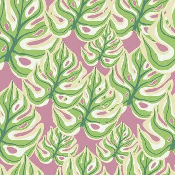 Green colored monstera leaf silhouettes seamless doodle pattern. Pink pastel  Stock Illustration