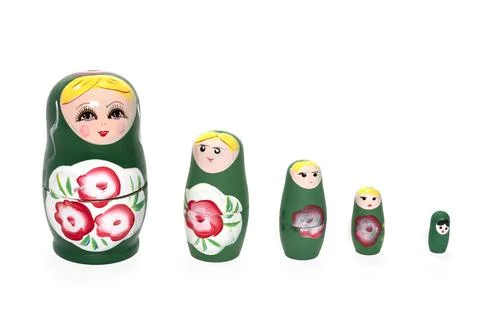 Green colored nesting dolls on a white background. Russian national souvenir. Foto stock