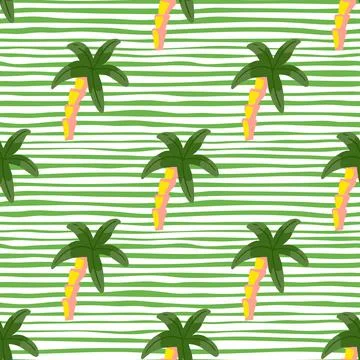 Green colored palm tree elements seamless doodle pattern. White and green str Stock Illustration