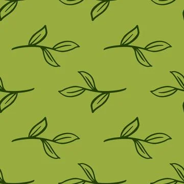 Green colored seamless botanic pattern with simple outline contoured leaf bra Illustrazione stock