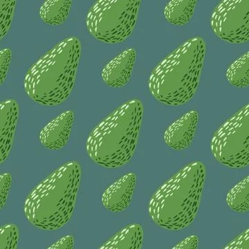 Green colored seamless pattern with avocado doodle elements. Navy blue backgr 스톡 일러스트