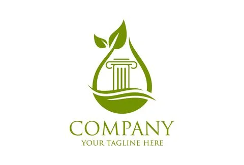 Green column and drop leaf logo combination design	 Stock Illustration