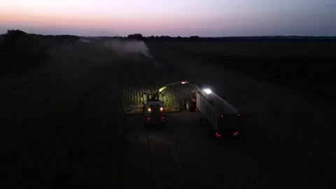 Green combine chopping corn silage in Ukraine at night Stock-Footage 298031799