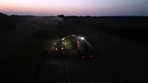 Green combine chopping corn silage in Ukraine at night Stock-Footage 298034376