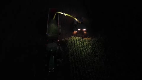 Green combine chopping corn silage in Ukraine at night Stock Footage 298043092