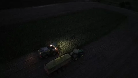 Green combine chopping corn silage in Ukraine at night Video stock 298053720