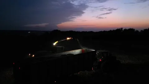 Green combine chopping corn silage in Ukraine at night Stock Footage 298066458