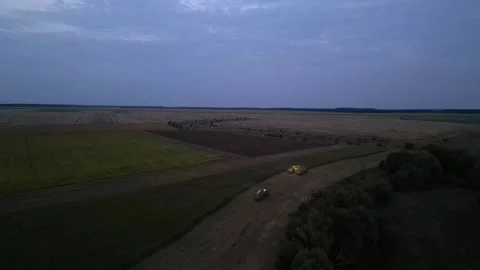 Green combine chopping corn silage in Ukraine at night Stock-Footage 298068312