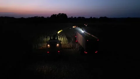 Green combine chopping corn silage in Ukraine at night 스톡 동영상 298068385