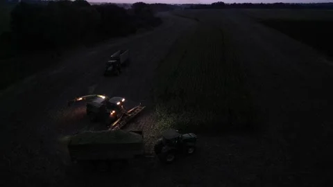 Green combine chopping corn silage in Ukraine at night Stockbeeldmateriaal 298071423