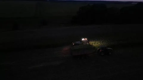 Green combine chopping corn silage in Ukraine at night Stock Footage 298072095